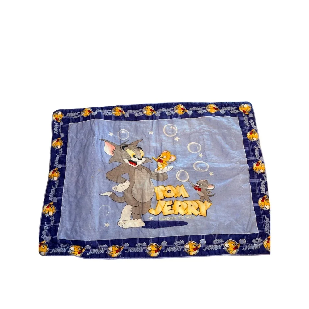 Vintage Tom and Jerry Quilted Pillow Sham Blue Zippered Cartoon Bedding